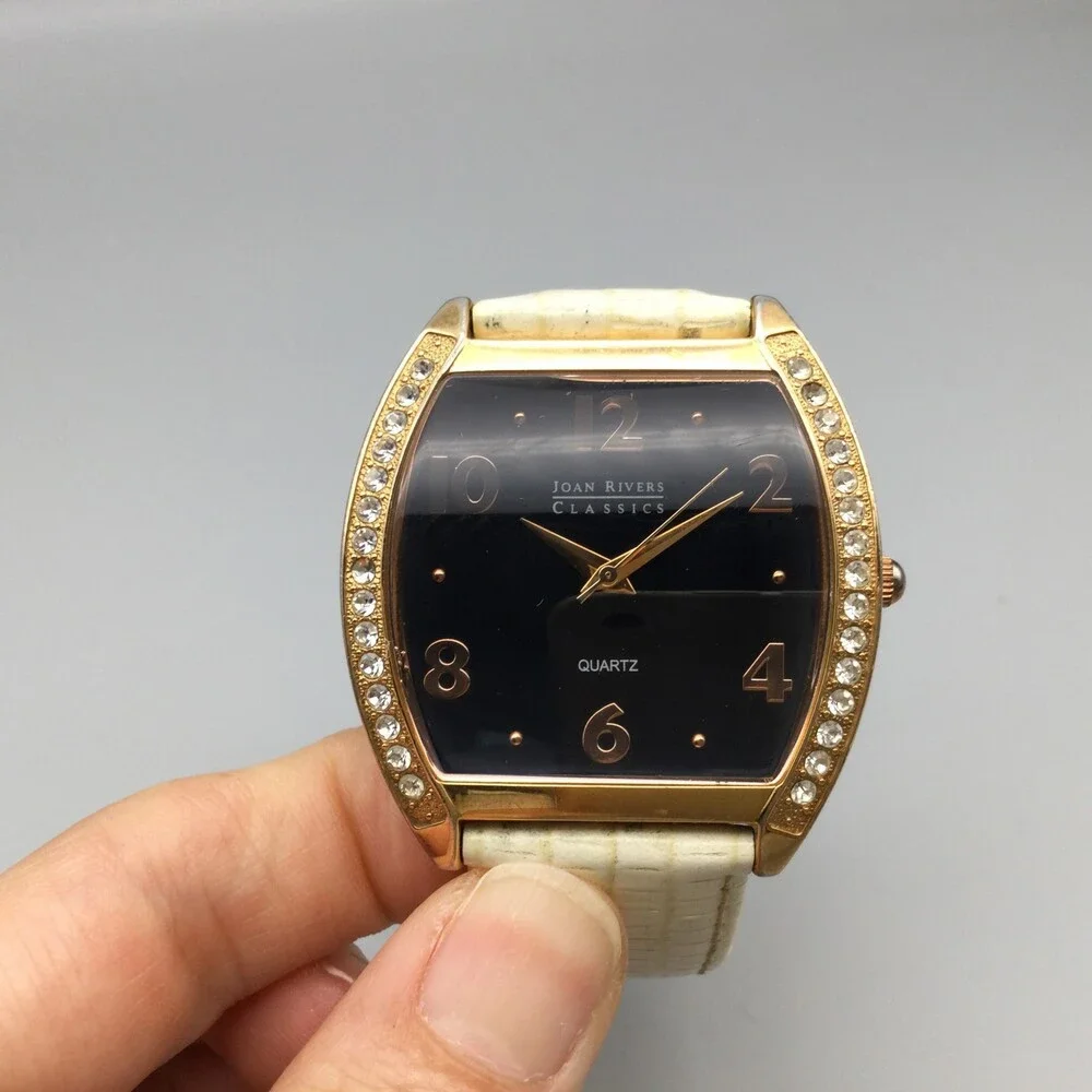Joan Rivers Womens Watch 41mm Black Dial Gold Case White Leather 4377